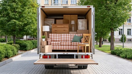 A moving truck loaded with furniture